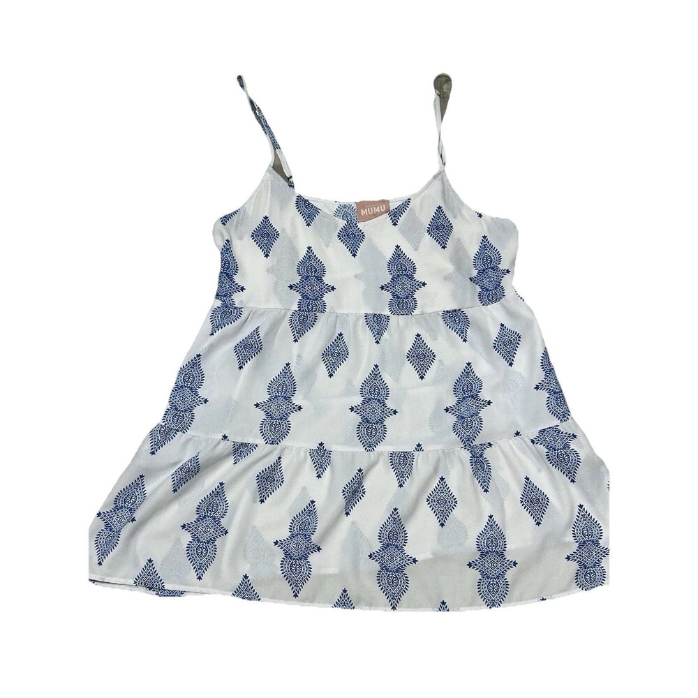Show Me My Mumu  Mini Dress Adj Straps Geometric Print Ruffle Blue White Pockets